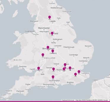 Audley Care pink pins on the UK's map